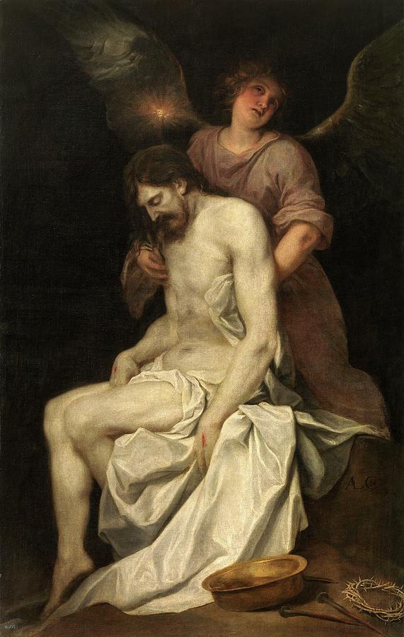 The Dead Christ Held by an Angel, 1646-1652, Spanish School, Oil on canvas, 137 c... Painting by Alonso Cano -1601-1667-