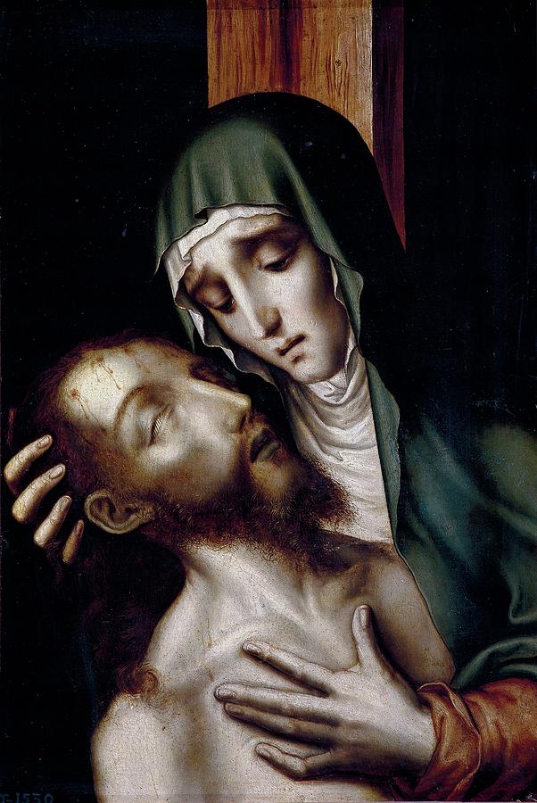 The Dead Christ in the Arms of the Virgin Mary, ca. 1565, Spanish School, Oi... Painting by Luis de Morales -1509-1586-