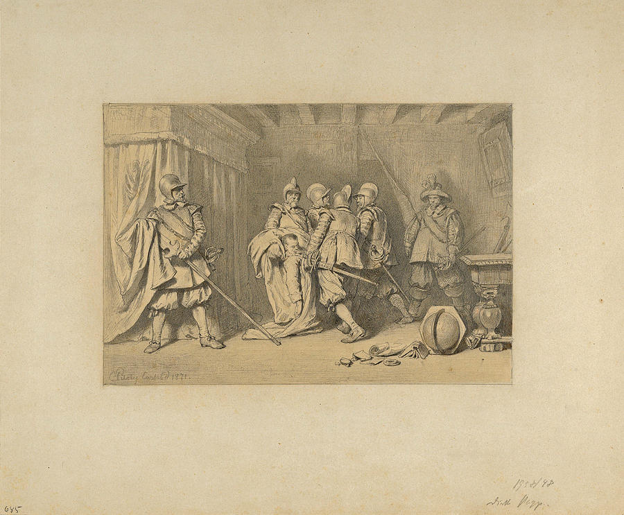 The Dead Wallenstein Being Carried Away by Soldiers Drawing by Karl Theodor von Piloty