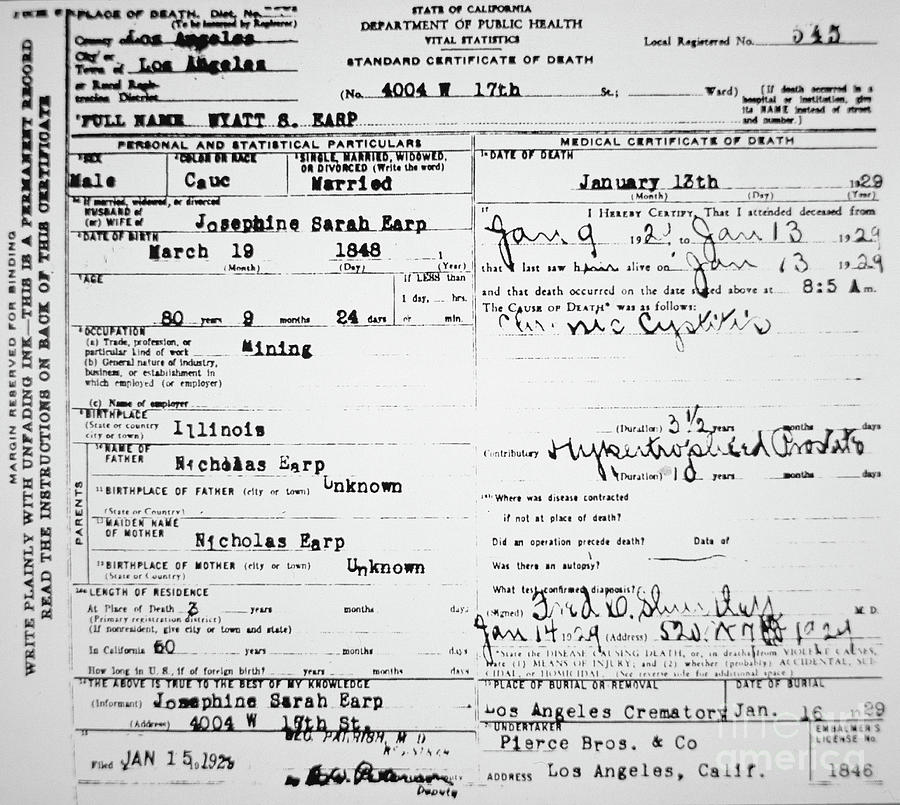 The Death Certificate Of Wyatt Earp Photograph by American School