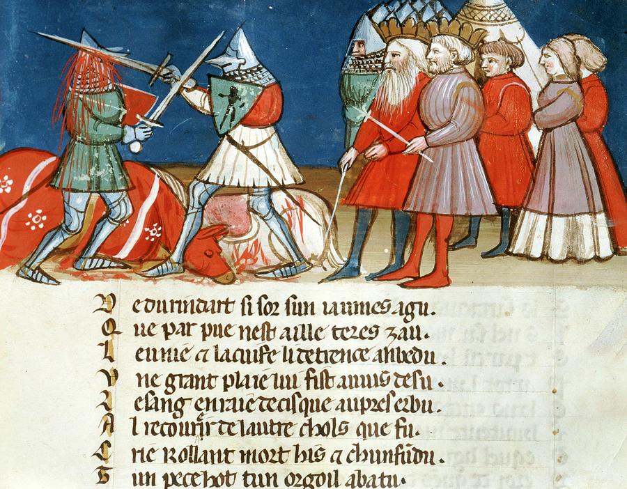 The death of Roland in presence of Emperor Charlemagne, XIV Century. Illuminated manuscript. Painting by Album