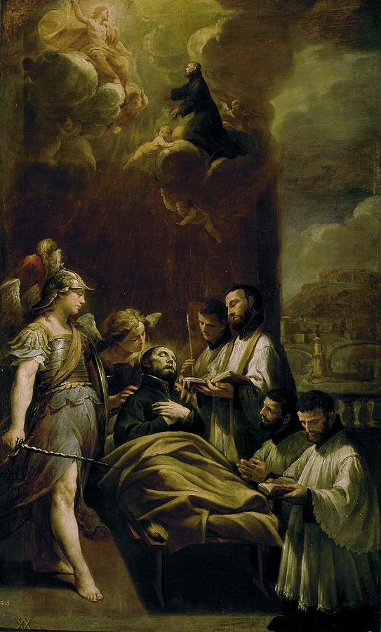 The Death of Saint Cajetan, 17th century, Italian School, Canvas, 123 cm x 76 ... Painting by Andrea Vaccaro -c 1600-1670-