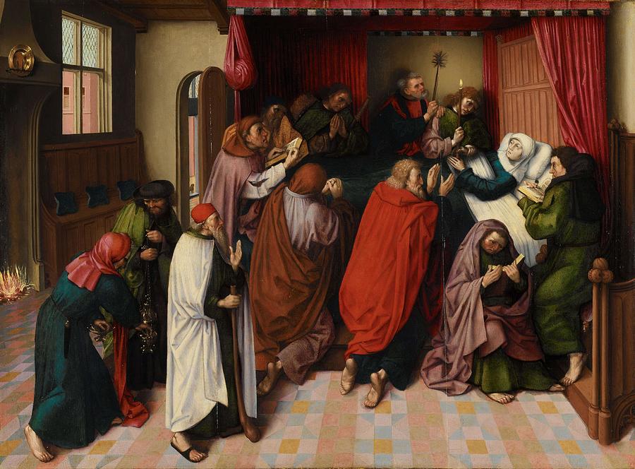 The Death of the Virgin. Het sterfbed van Maria. Painting by Master of the Amsterdam Death of the Virgin