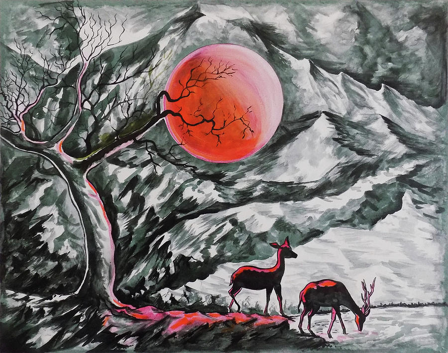 Tree Drawing - The Deer In The Red Moonlight by Asp Arts