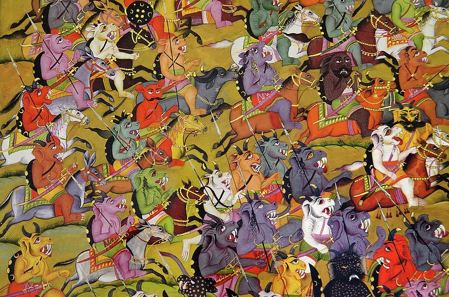 Horse Painting - The Demons Prepare For Battle Against The Goddess Durga by Indian School