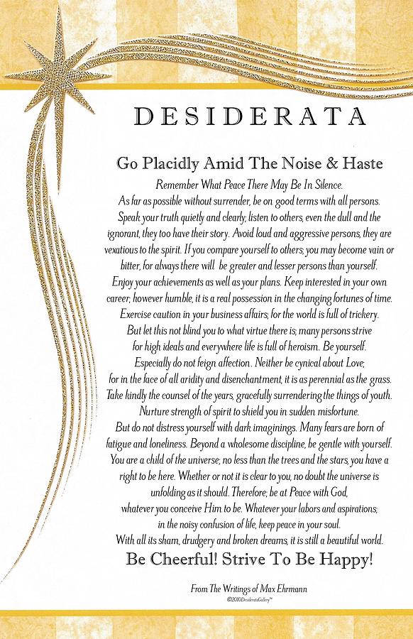 The Desiderata by Max Ehrmann, Gold Star Design Mixed Media by Desiderata Gallery