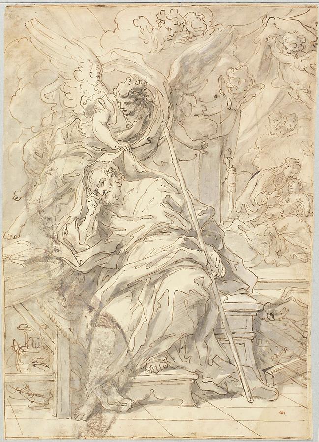 The Dream of Saint Joseph. Early XVIII century. Grey wash, Black chalk, Penc... Painting by Sebastiano Conca -1680-1764-