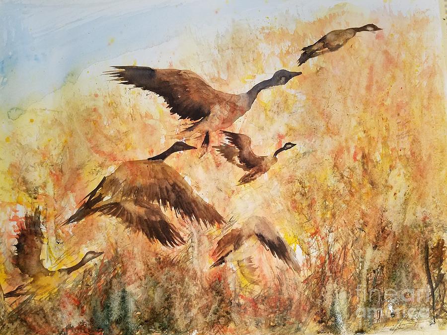 The ducks flying over a forest of autumn  Painting by Han in Huang wong