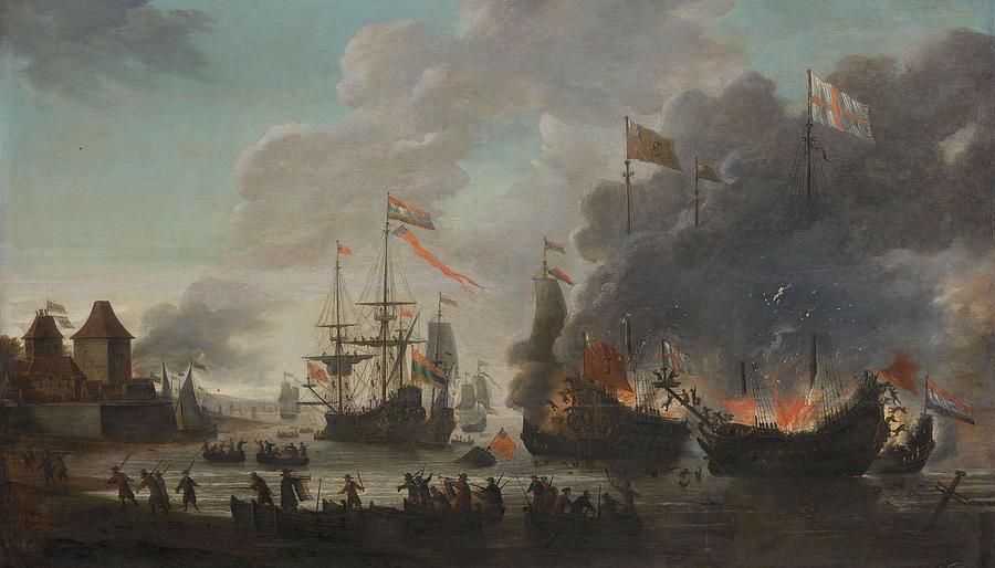 The Dutch Burning English Ships during the Dutch Raid on the Medway, 20 June 1667. Painting by Jan Van Leyden