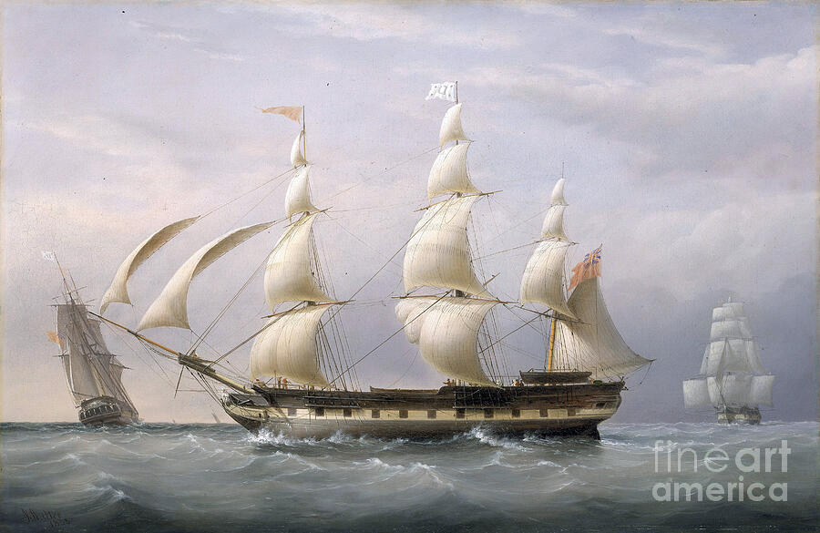 Boat Painting - The East India Companys Ship Britannia, Seen From Three Angles, Has Returned From Barbados by Joseph Walter