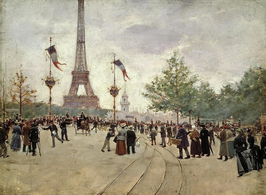 The entrance to the Universal Exhibition of 1889 Paris showing the Eiffel tower, oil on canvas. Painting by Jean Beraud -1849-1935-