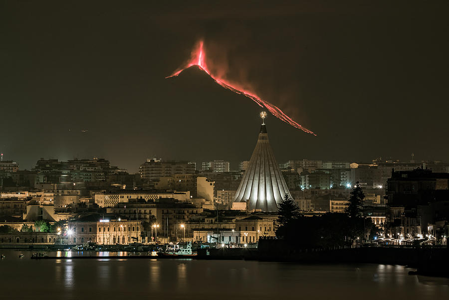 Landscape Photograph - The Eruption Of The Etna Volcano Seen From Syracuse by Massimo Tamajo