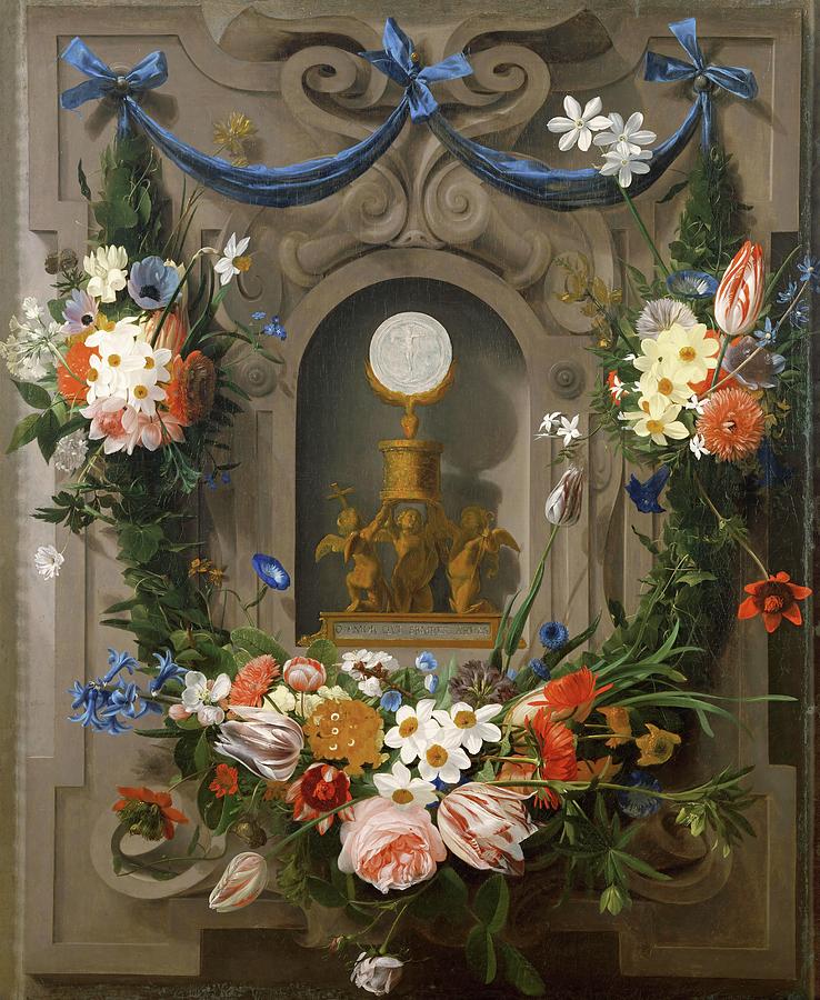 The Eucharist surrounded by flowers. Oil on canvas 87.5 x 72 cm Inv. 549. Painting by Jan Anton van der Baren