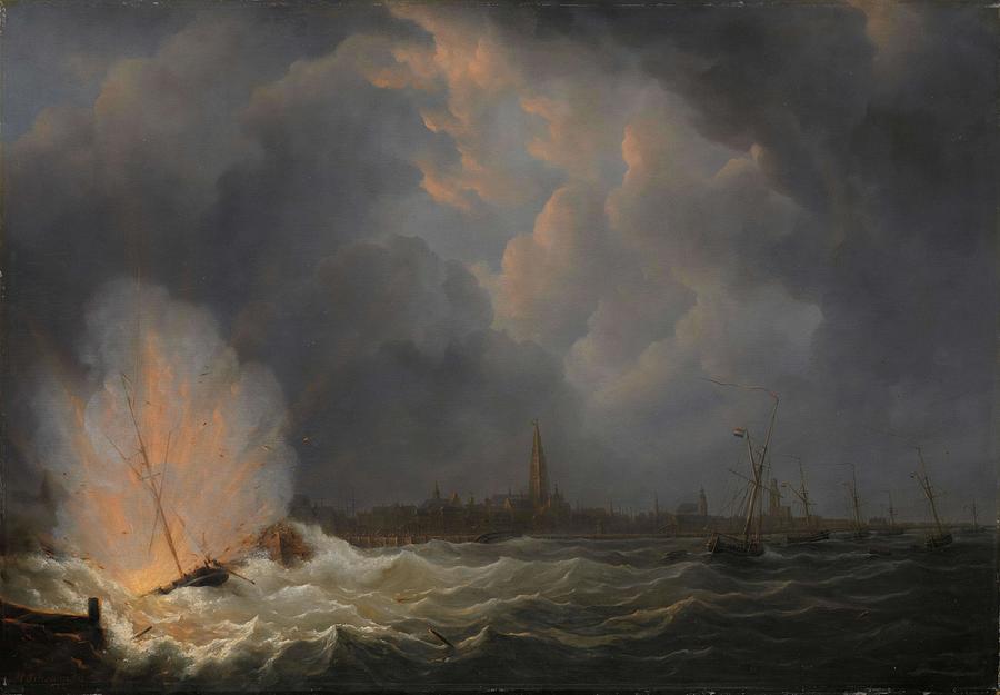 The Explosion of Gunboat nr 2, under Command of Jan van Speijk, off Antwerp, 5 February 1831. Dat... Painting by Martinus Schouman -1770-1848-
