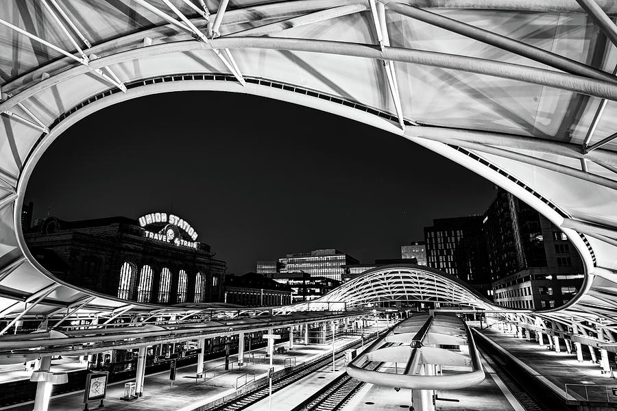 Black And White Photograph - The Eye of Denver Union Station at Dawn - Monochrome Edition by Gregory Ballos