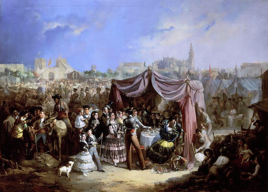 Dog Painting - The Fair -la Feria De Sevilla- - 1853 - Oil On Canvas - 127x177 Cm. by Manuel Rodriguez de Guzman -1818-1867-