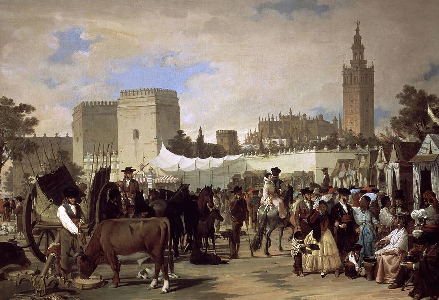 The Fair Of Sevilla -la Feria De Sevilla-- 1855 - Oil On Canvas - 56x81 Cm. Painting by Joaquin Dominguez Becquer -1819-1879-