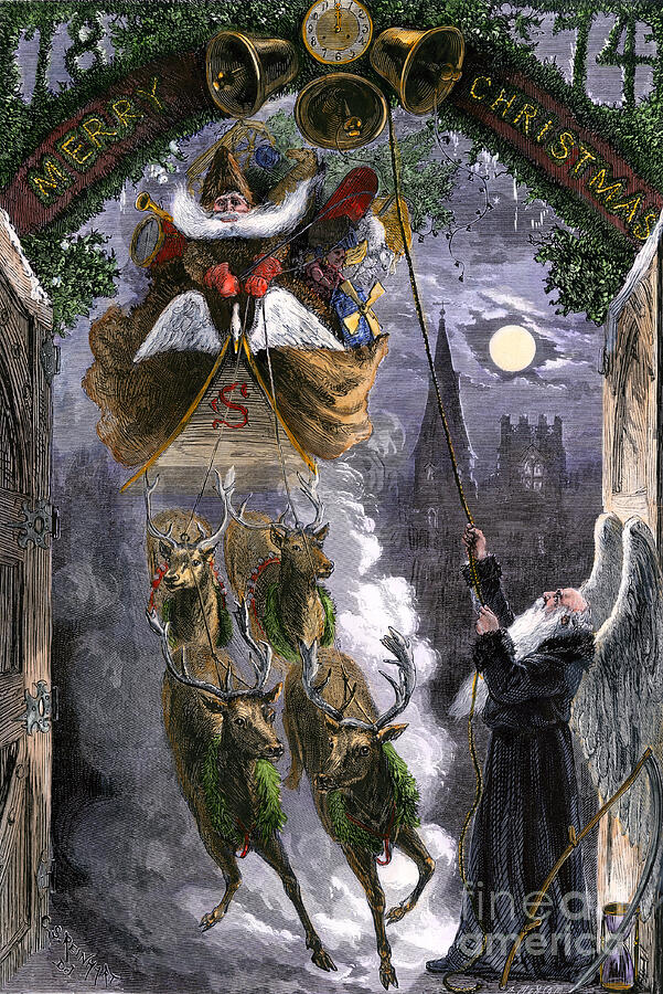 The Father Of Time Ringing The Bells To Announce The Arrival Of Father Noels Sleigh, Firing By Reindeer, Circa 1870 Engraving In Colour, From 19th Century Illustration Drawing by American School