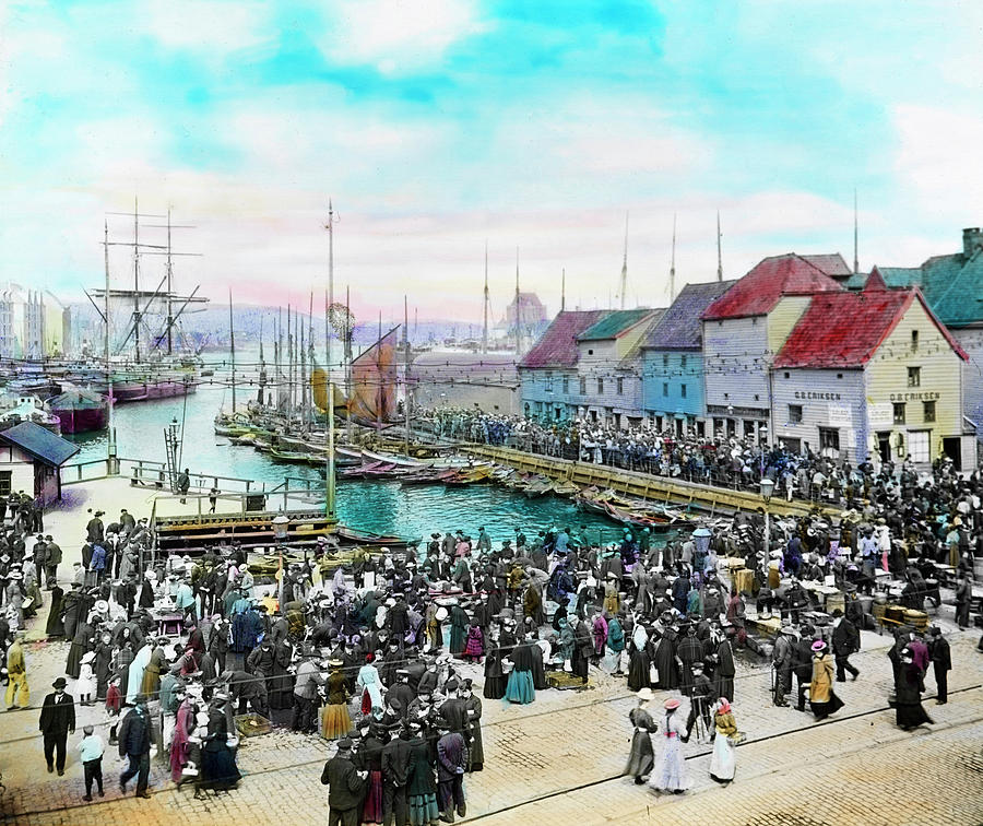 The fish market in Bergen, ca 1915. Painting by Fylkesarkivet i Sogn og Fjordane