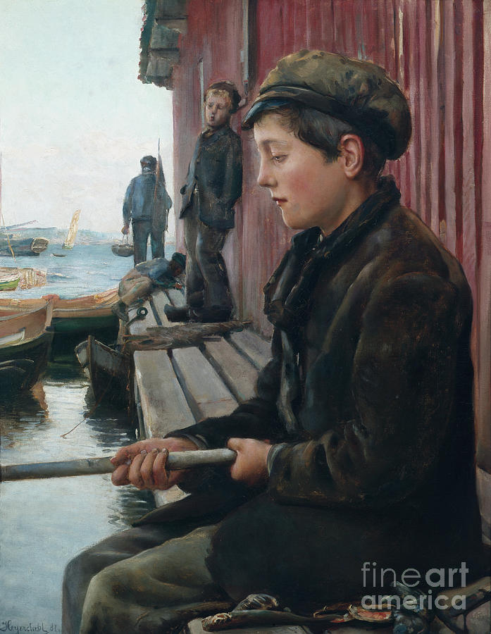 The fishing boy Painting by O Vaering