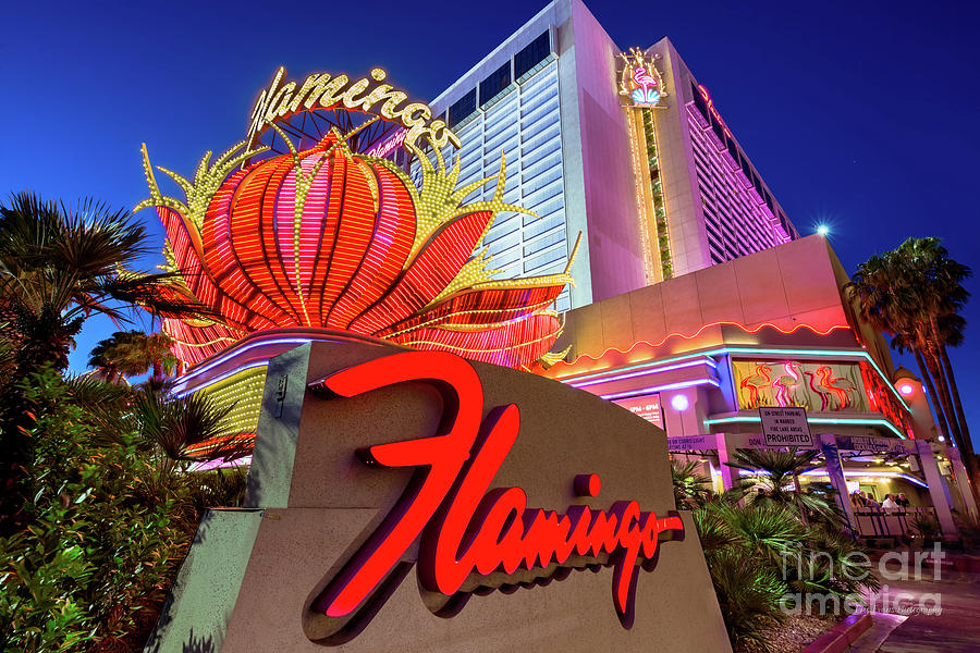 The Flamingo Casino Main Entrance and Neon Signs at Dusk Wide Photograph by Aloha Art
