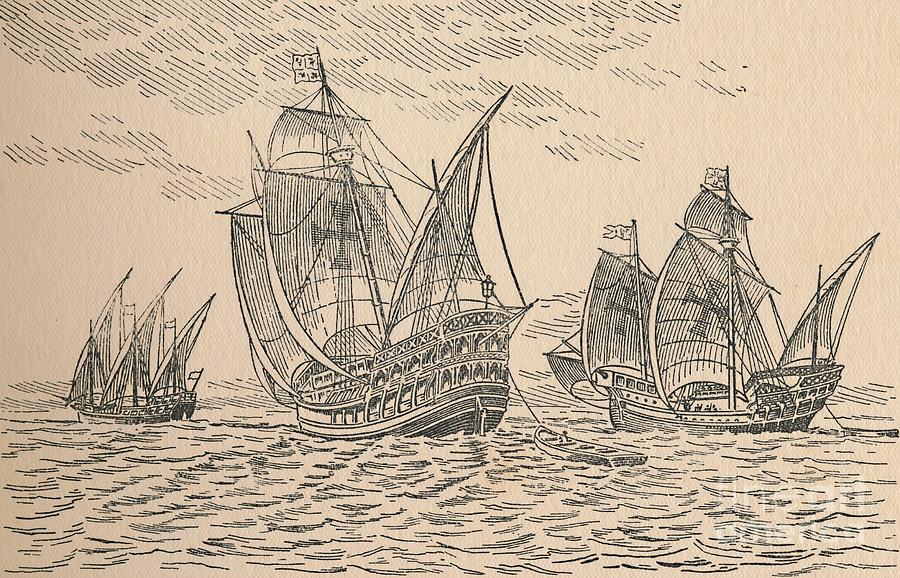 The Fleet Of Columbus Drawing by Print Collector