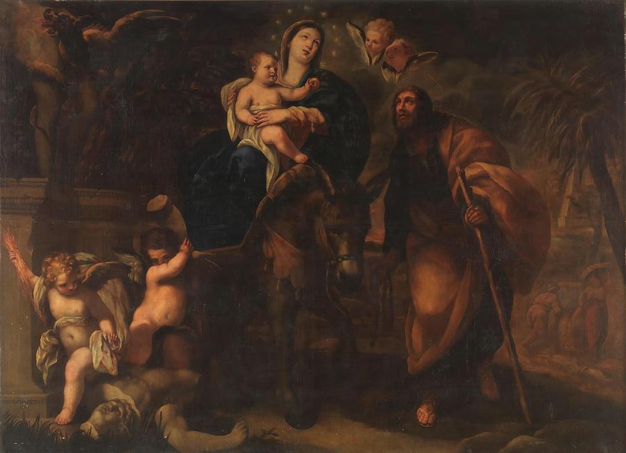 Donkey Painting - The Flight to Egypt. 1697. Oil on canvas. by Manuel De Castro