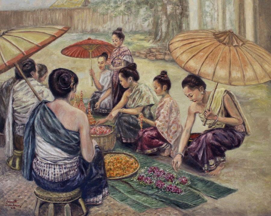 The Flower Vendors Painting by Sompaseuth Chounlamany