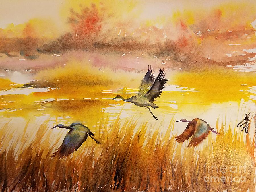 The flying cranes and sunset  Painting by Han in Huang wong
