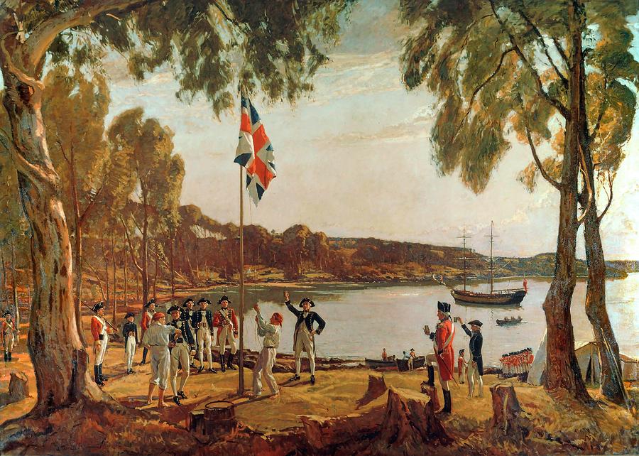 The Founding of Australia by Royal Navy Captain Arthur Phillip in Sydney Cove, January 26, 1788. Painting by Algernon Talmadge