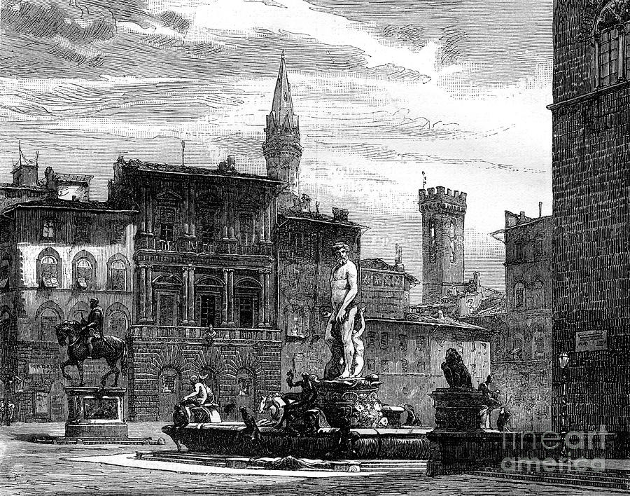 The Fountain Of Neptune, Piazza Della Drawing by Print Collector
