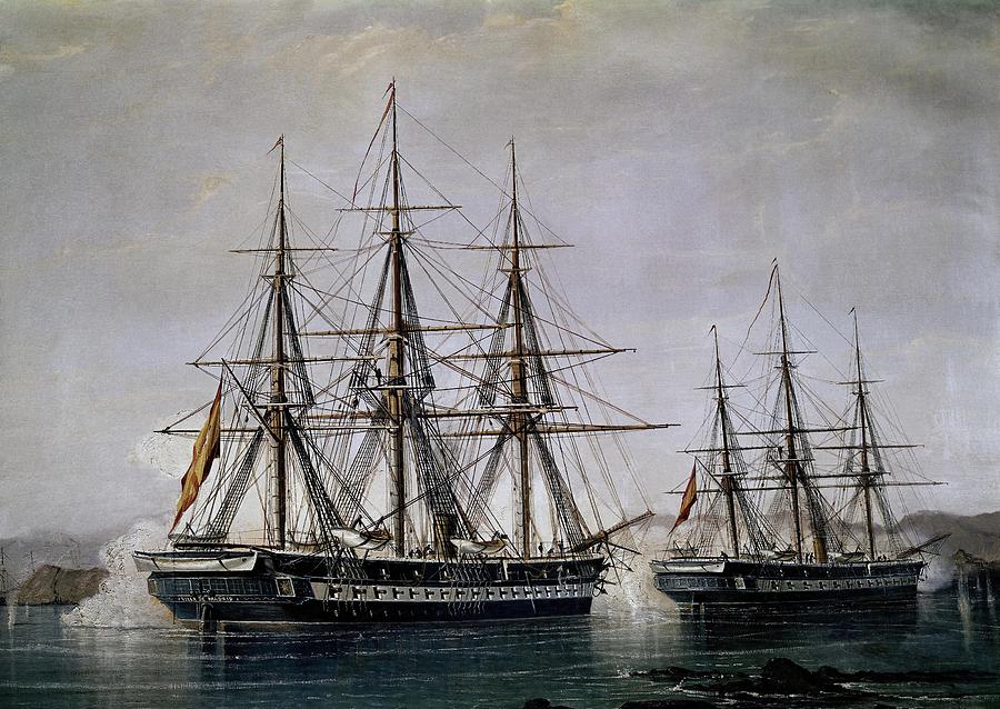THE FRIGATES VILLA DE MADRID and BLANCA FIGHT AGAINST THE CHILEAN AND PERUVIAN FORCES, FEB 7, 1. Painting by Angel Sanchez -19th cent -