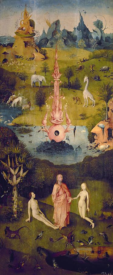 The Garden of Earthly Delights -left panel-, 1500-1505, Oil on panel, 220 cm x 97 cm, P02823. EVE. Painting by Hieronymus Bosch -c 1450-1516-