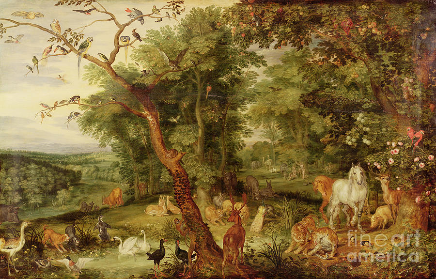 Genesis Painting - The Garden Of Eden; In The Background The Temptation by Jan The Elder Brueghel