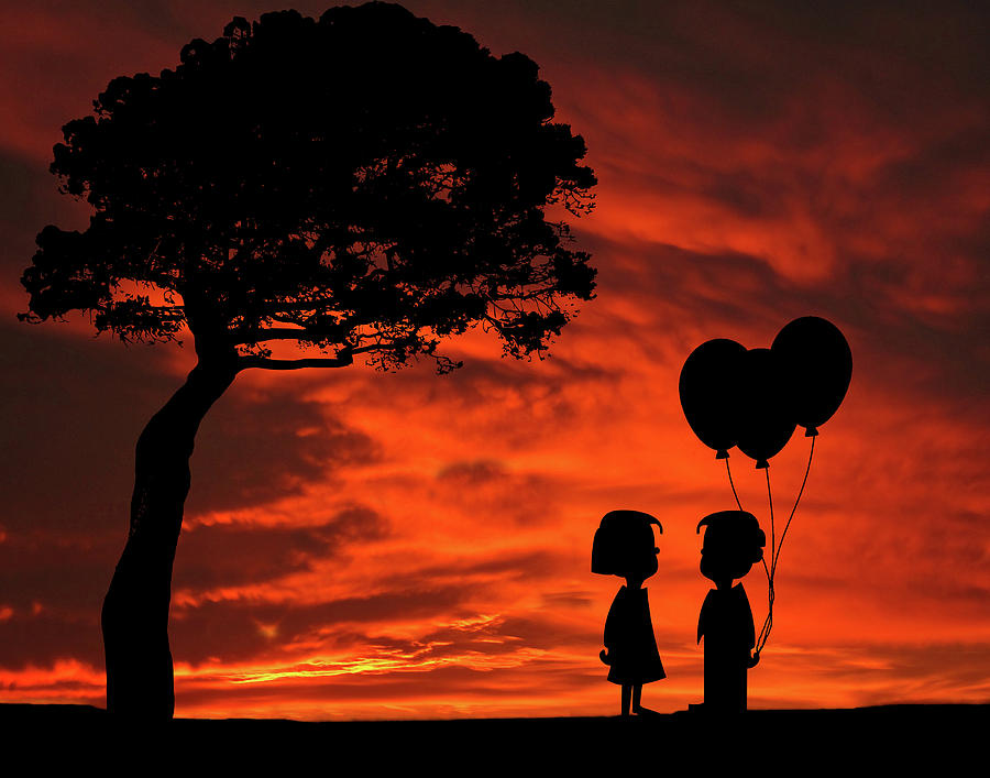 The Gift Girl Boy Balloons Sunset Silhouette Series   Mixed Media by David Dehner