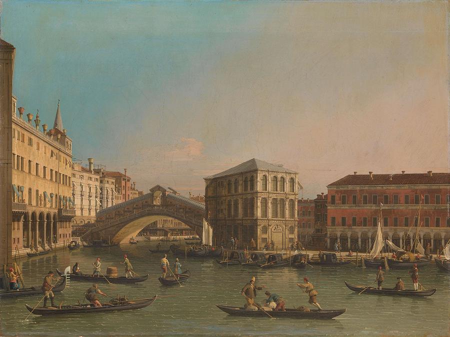 The Grand Canal with the Rialto Bridge and the Fondaco dei Tedeschi. Painting by Canaletto -workshop of-