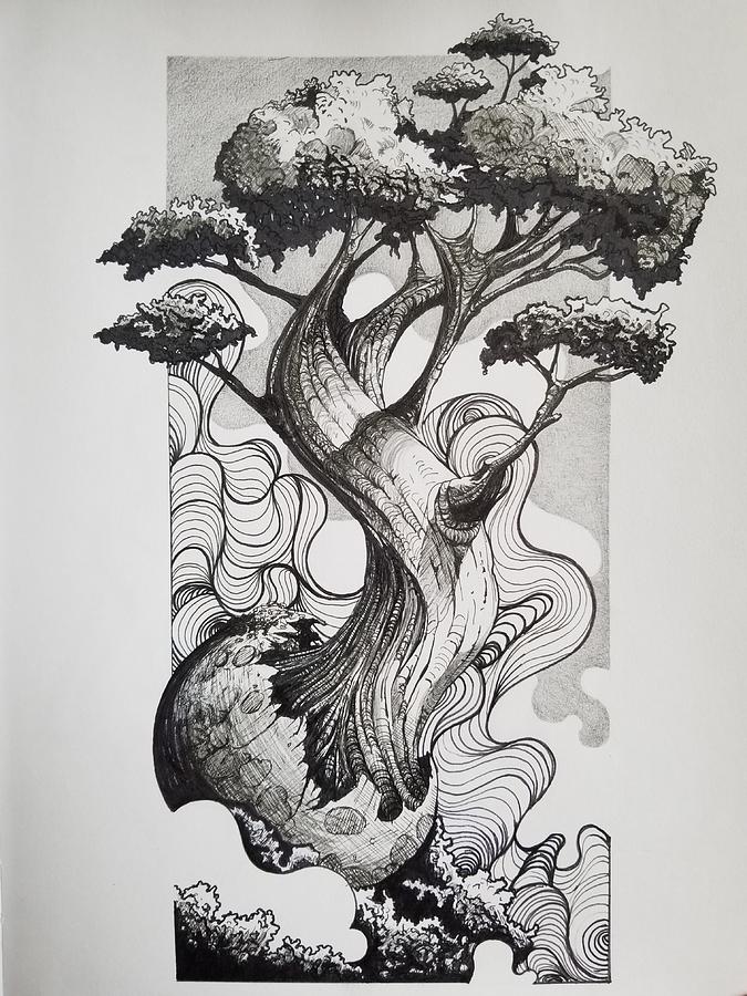 Fantasy Drawing - The Grand Tree by Niel Kels