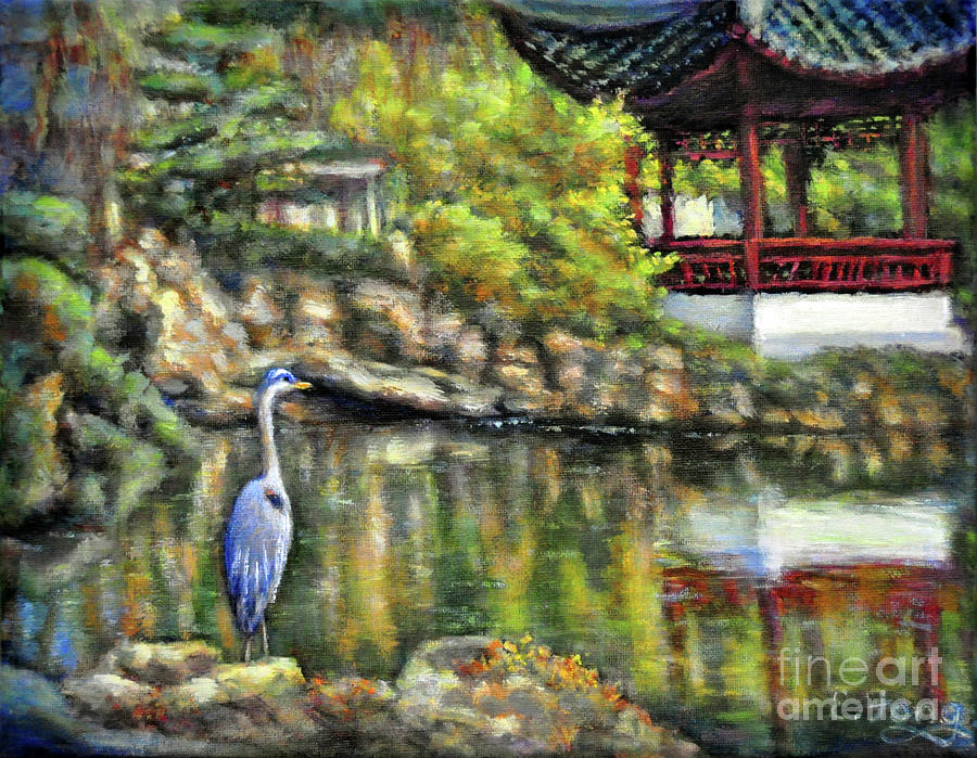 The Great Blue Heron at the Garden Pond Painting by Eileen  Fong