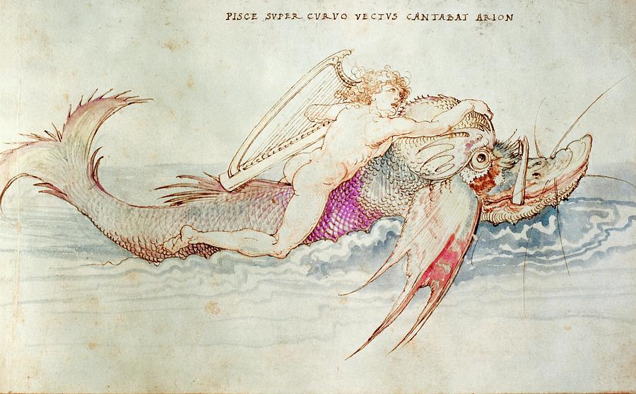 Albrecht Durer Painting - The Greek poet Arion riding the dolphin. Around 1515. Watercolour on paper,14,2 x 23,4 cm. by Albrecht Durer -1471-1528-