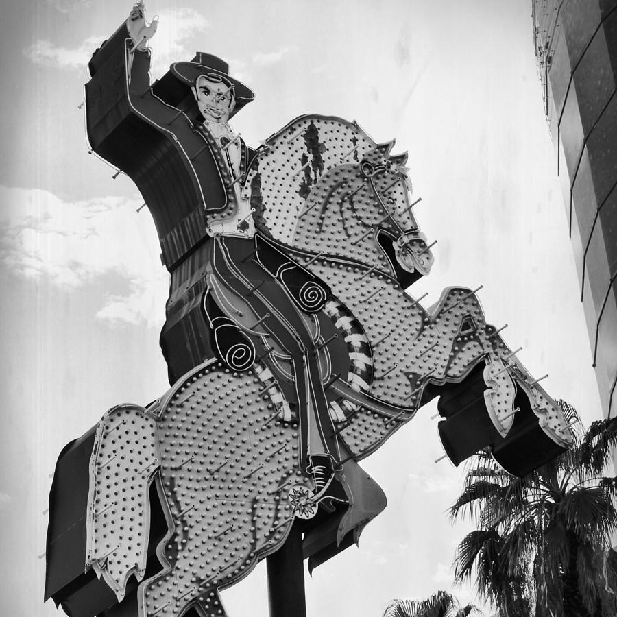 The Hacienda Horse And Rider Neon Sign BW Photograph by Mary Pille