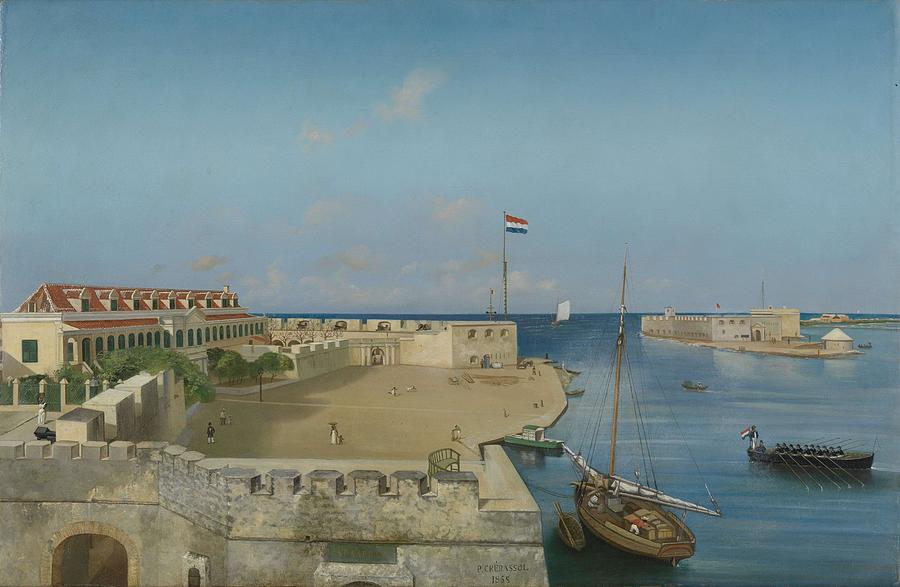 The harbor entrance of Willemstad with the Government Palace. Painting by Prosper Crebassol -fl 1858-