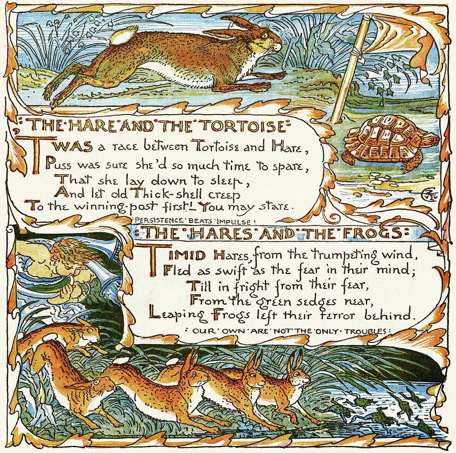 The Hare and the Tortoise-The Hare and the Frogs Painting by Walter Crane The Hare and the Tortoise-The Hare and the Frogs Painting by Walter Crane
