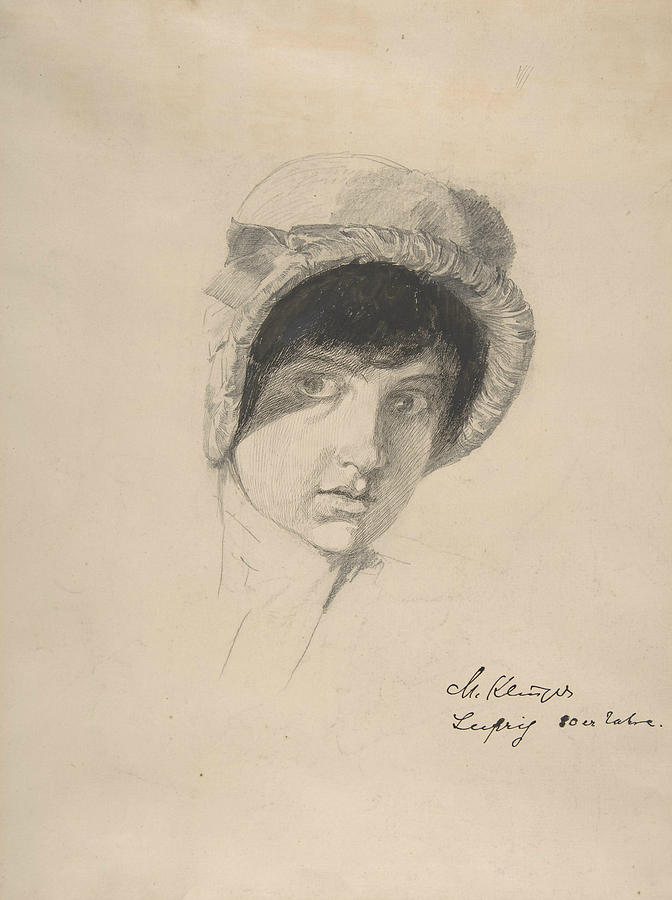 The Head of a Young Woman Wearing a Bonnet Drawing by Max Klinger