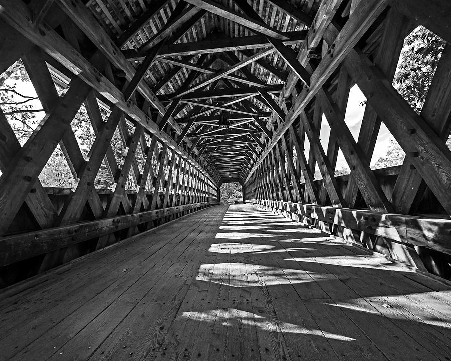 The Henniker Covered Bridge Henniker NH New Hampshire in Autumn Inside Black and White Photograph by Toby McGuire