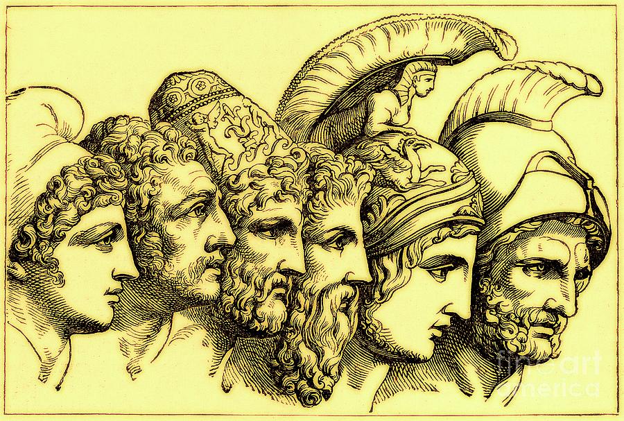 The Heroes Of The Trojan War Paris, Diomedes, Odysseus, Nestor, Achilles, Agamemnon Digital Art by English School