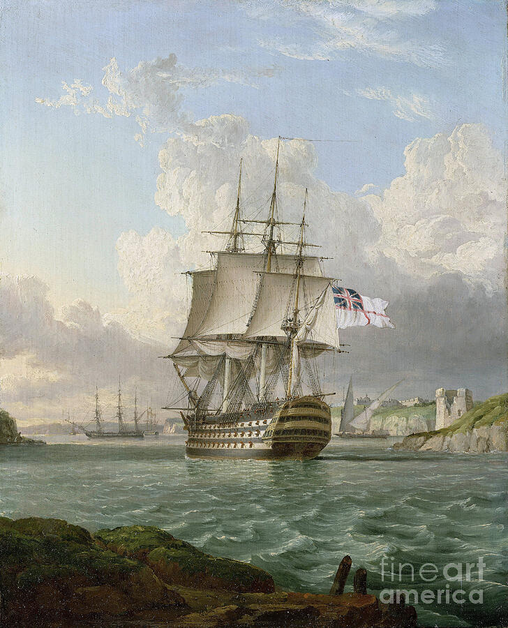 Boat Painting - The Hms Britannia, A 120 Gun Ship, Built In 1820, Leaving A Port In The Mediterranean, Probably That Of Malta by Lieutenant Robert Strickland Thomas