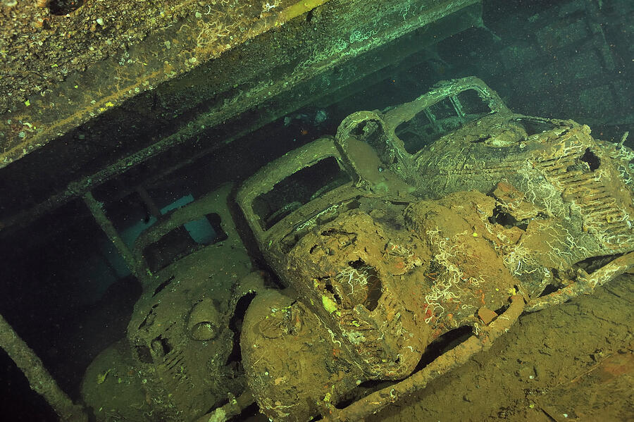 The Hold With Three Fiat 1100 Of The Umbria Wreck, Sudan Photograph by ...