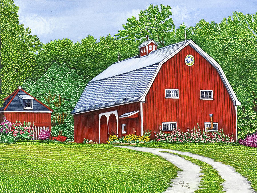 Farm Painting - The Hollyhock Farm by Thelma Winter