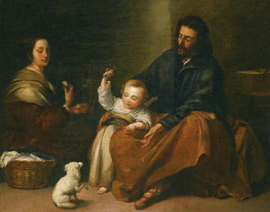 The Holy Family In An Interior Painting by Bartolome Esteban Murillo