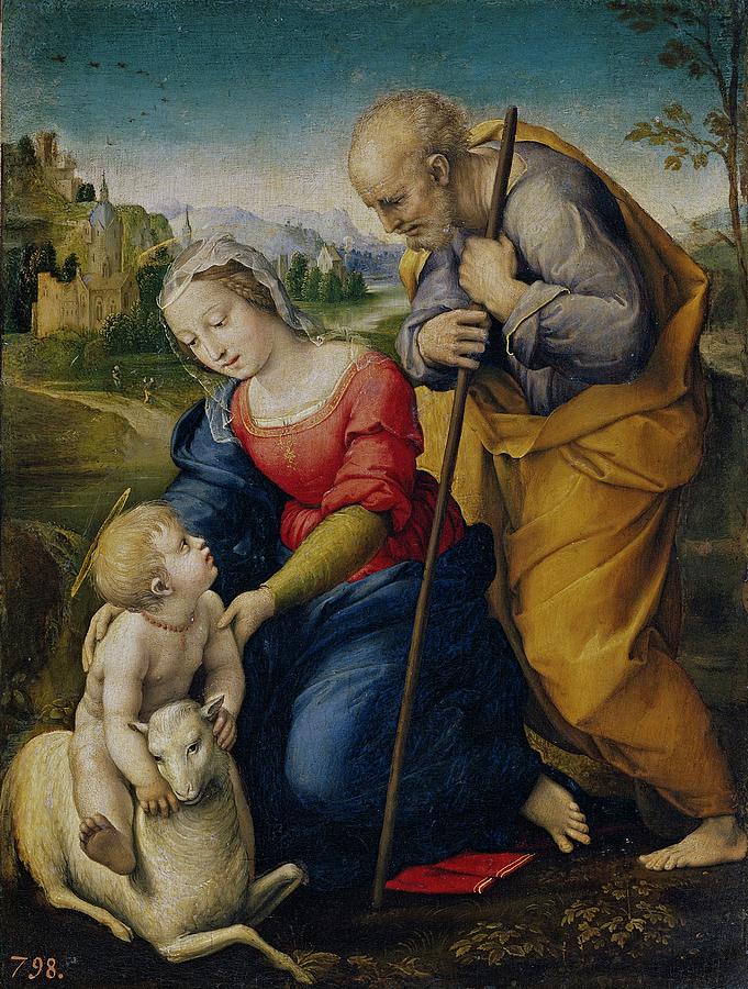 The Holy Family with a Lamb, 1507, Italian School, Oil on panel, 28 cm x 21,5 cm, P00296. Painting by Raphael -1483-1520- The Holy Family with a Lamb, 1507, Italian School, Oil on panel, 28 cm x 21,5 cm, P00296. Painting by Raphael -1483-1520-